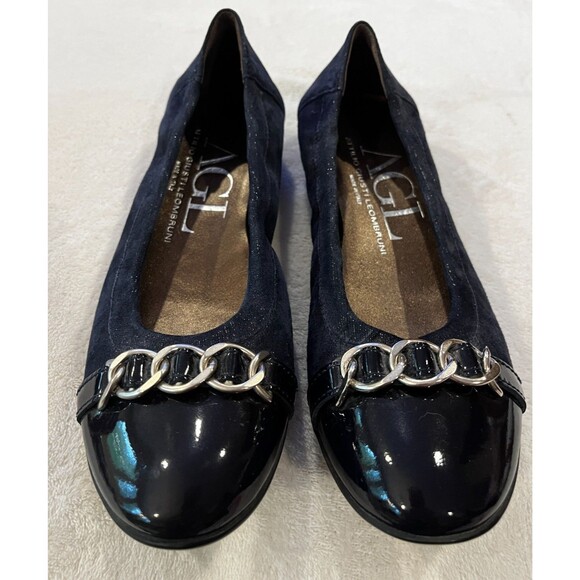AGL Womens Shoes Chain Size 7.5-8.5 EU 38.5 Navy Blue Suede Leather Cap Toe Flat - Picture 3 of 11